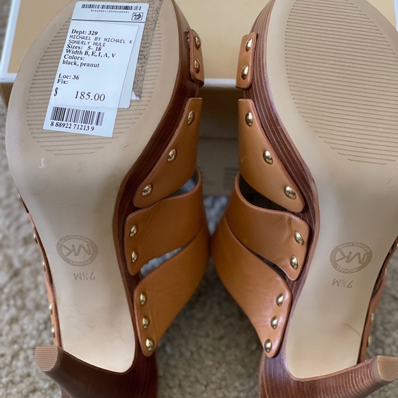 NEW Michael Kors Platform Mules/Slide On Tan Leather Shoes Size 7.5 - Picture 4 of 6